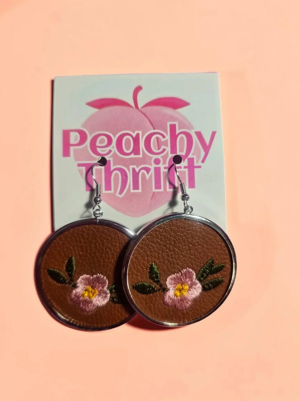 Warm Brown Leather & Embroidered Pink Blossom Dangles